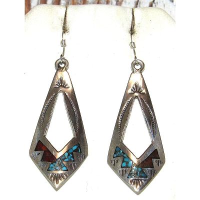 Navajo Dangle Earrings Tribal Design Turquoise Coral Inlay J. Yazzie. Wonderful Joleen Yazzie's 