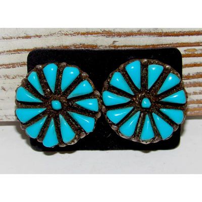 Old Pawn Zuni Cluster Earrings Petit Point Turquoise Sterling Clip On. Stunning vintage Zuni 