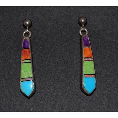 Vintage Zuni Inlay Dangle Earrings Turquoise Spiny Oyster Sterling Silver. Vintage Zuni Inlay 