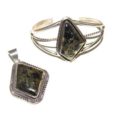 Vintage Navajo Pendant Bracelet Apache Gold Stone Sterling Silver Set W. Denetdale. Phenomenal 