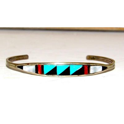 Zuni Inlay Turquoise Coral Bracelet Sterling Silver C. Weebothee Stacker. 6 1/4" inside 