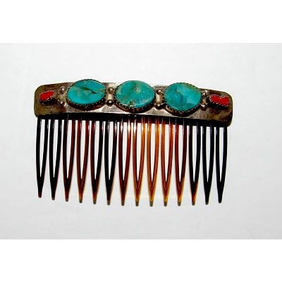Vintage Navajo Sterling Silver Turquoise Coral Hair Comb. The comb measures a little under 3" 