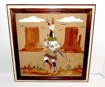Vintage Navajo Sand Painting. Framed. Kachina Dancer. The painting measures 16" by 16". 