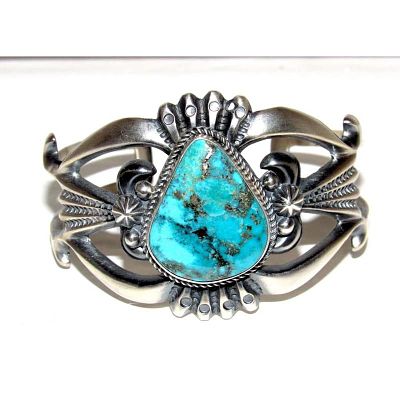 Navajo Royston Turquoise Cuff Bracelet Sand Cast Sterling Silver H.Bitsue. Stunning Native 