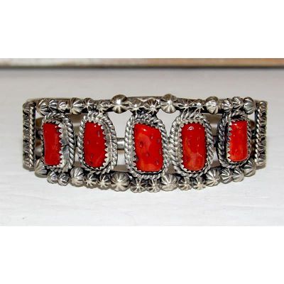 Vintage Navajo Mediterranean Coral Cuff Cluster Bracelet Sterling Silver. For your 