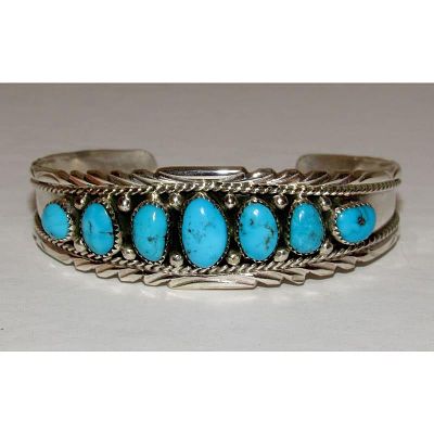 Navajo Kingman Turquoise Cluster Cuff Bracelet A. Chapo Sterling Silver. For your consideration 