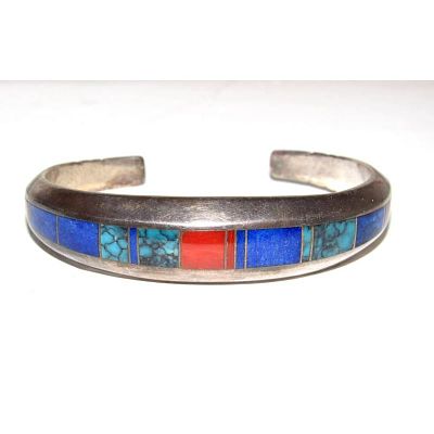 Navajo Sterling Silver Carinated Bracelet Coral Lapis & Turquoise by Ray Tracey. Navajo Sterling 