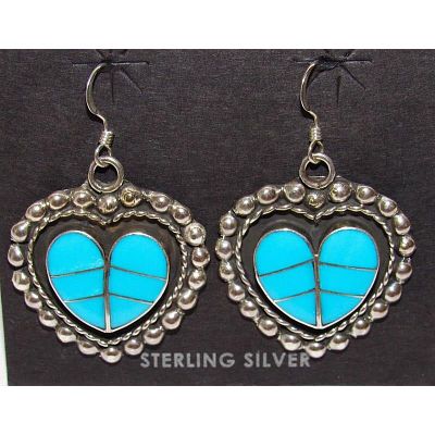 Zuni Turquoise Inlay & Sterling Silver Heart Dangle Earrings Faye Lowsayatee. Zuni Turquoise 