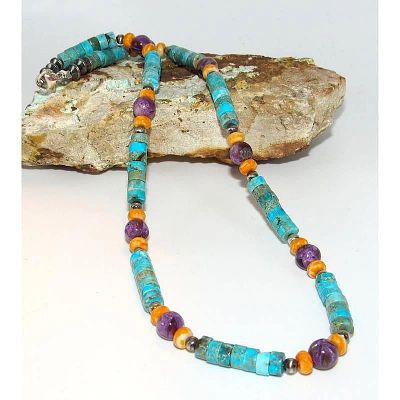 Navajo Rolled Shell Orange Spiny, Amethyst & Turquoise Heishi Choker Necklace. Navajo Rolled 