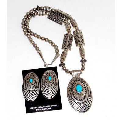 Navajo Pearls Necklace & Earrings Set Sterling Silver Barrel & Saucer Beads RE Wiley. Spectacular 