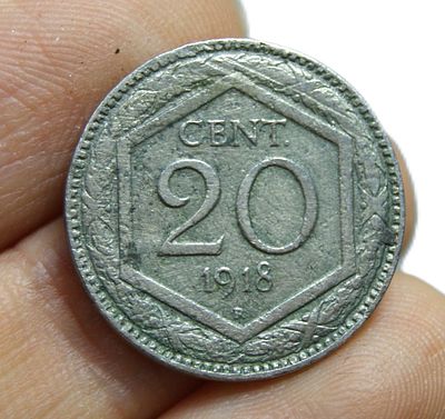 Монета 20 чентезимо. Италия. 1918 год.