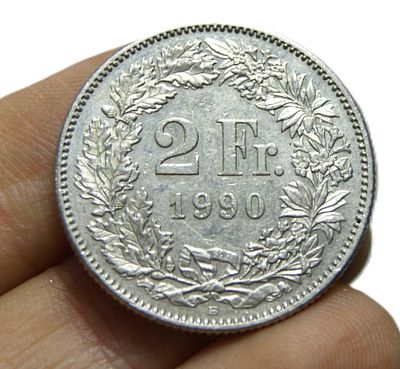 Монета 2 франка. Швейцария. 1990 год.