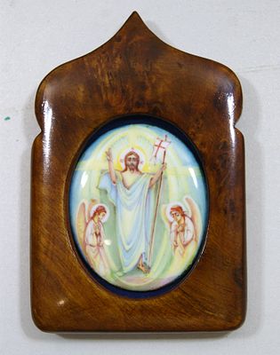 Икона дорожная в деревянной рамке " Спаситель ". Ростовская финифть. 1990-е гг.