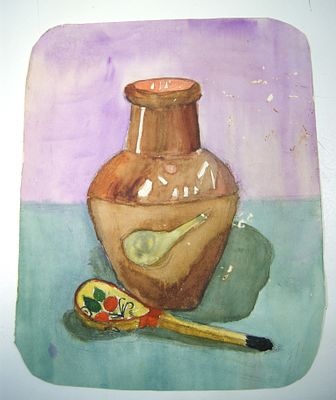 И. Векслер. " Натюрморт с хохломской ложкой ". Акварель. 1979 год.