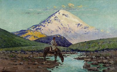 Зоммер Р.К. - Всадник у горной реки. Размер: 20,5х33,5. Техника: Холст на картоне, масло. 