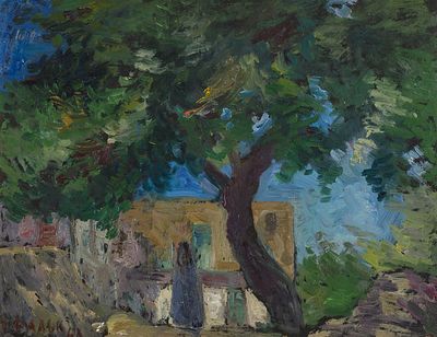 Фальк Р.Р. - Пейзаж с хаузом. Самарканд. Год: 1943 г. Размер: 33х42,5. Техника: Картон, масло. 