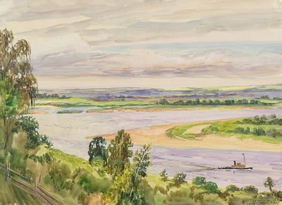 Богородский Ф.С. - Волга. Год: 1935 г. Размер: 43х59. Техника: Бумага, акварель. Описание: Подпись 