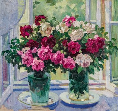 Герасимов А.М. - Розы у окна. Год: Вторая треть XX века. Размер: 92,5х95,5. Техника: Холст, масло. 