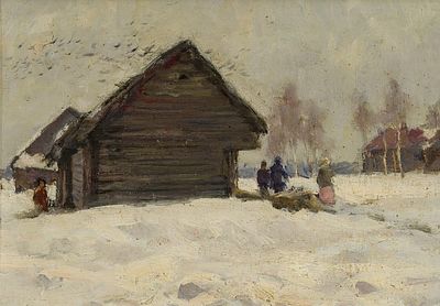 Соколов-Скаля П.П. - Русская изба. Год: 1930-е гг. Размер: 20,5х29,5. Техника: Картон, масло. 