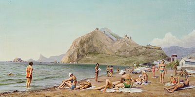Скворцов А.И. - На пляже в Судаке. Год: 1964 г. Размер: 21х41,5. Техника: Холст на картоне, масло. 