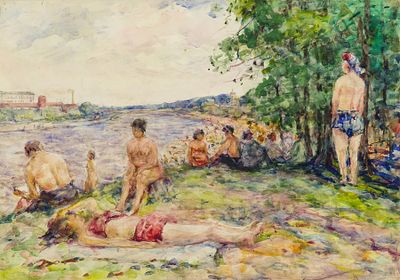 Лебедев П.М. - Загорают. Размер: 42х63. Техника: Бумага, акварель. Лебедев Порфирий Маркович 