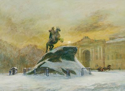 * Шаблыкин Ю.М. - Медный всадник в зимнем Санкт-Петербурге. Размер: 41х56. Техника: Картон, масло. 