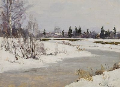 Крылов П.Н. (Кукрыниксы) - Зимний пейзаж. Год: 1947 г. Размер: 23х31. Техника: Картон, масло. 