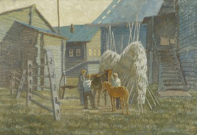 Комаров В.В. - Северная деревня. Сенокос. Год: 1984 г. Размер: 55х79. Техника: Холст, темпера. 