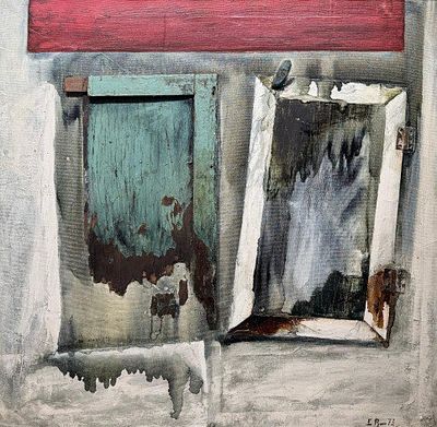 Рухин Е.Л. - Окно. Год: 1973 г. 
Размер: 100х100. 
Техника: Холст, масло, смешанная техника. 