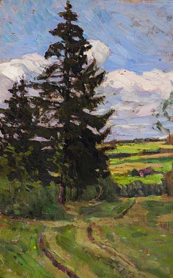 Корин А.М. - Дорога в поле. Год: 1910-е гг. 
Размер: 31х23,5. 
Техника: Бумага на картоне, масло. 