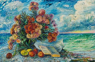 Бурлюк Д.Д. - Букет у моря. Год: 1940-1960-е гг. Размер: 51х76,2. Техника: Холст, масло. Описание: 