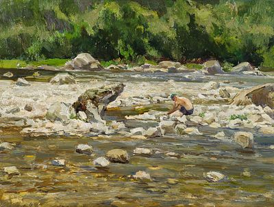Крылов П.Н. (Кукрыниксы) - Горная речка. Год: 1950 г. Размер: 23х30. Техника: Картон, масло. 