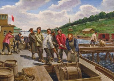 Милорадович С.Д. - Рабочие на пристани. Кинешма. Год: 1930 г. 
Размер: 60х85,5. 
Техника: Холст 