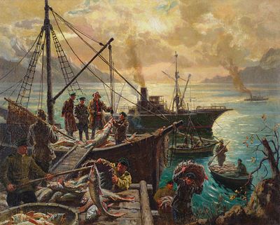 Соколов-Скаля П.П. - Рыбаки в порту. Год: 1947 г. Размер: 110х139,8 Техника: Холст, масло. 