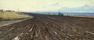 Тансыкбаев Н.Н. - Весенняя пашня. Год: 1965 г.Размер: 80х180Техника: Холст, маслоПодпись и дата 