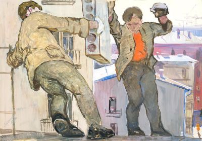 Шепелев Л.В. - На стройке. Год: 1959 г.Размер: 54х77Техника: Бумага, гуашьПодпись и дата внизу справа.