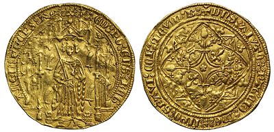 AU55 | Anglo-Gallic, Edward the Black Prince gold Pavillon d'Or, 1st issue, Bordeaux, AGC 154B 1/d. 