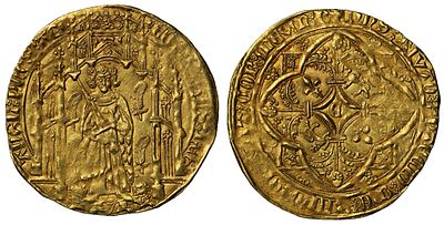 MS62 | Anglo-Gallic, Edward the Black Prince gold Pavillon d'Or, Bordeaux, no tressure on obv. E 