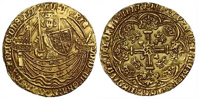 Richard II gold Noble, Calais Mint, type 3a, French title resumed. Richard II (1377-99), gold 