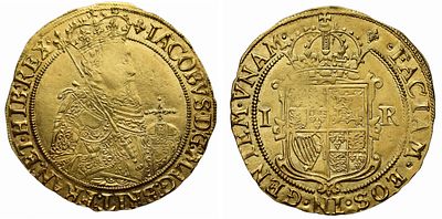 James I gold Unite, 2nd coinage, 2nd bust, mint mark lis. James I (1603-25), gold Unite of 