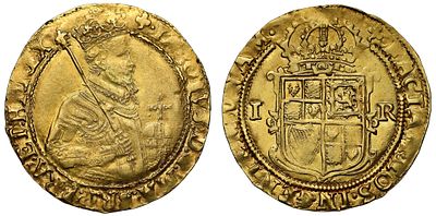 James I, gold Unite, 2nd coinage, 4th bust, mint mark trefoil. James I (1603-25), gold Unite of 