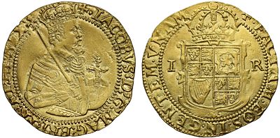 James I gold Unite, 2nd coinage, 5th bust, mint mark plain cross. James I (1603-25), gold Unite 