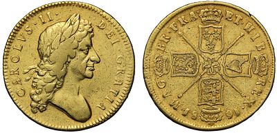 Charles II 1681 gold Five Guineas, second bust, TRICESIMO TERTIO edge. Charles II (1660-85) 