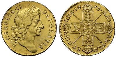 Charles II 1673 gold Guinea, fourth bust. Charles II (1660-85), gold Guinea, 1673, fourth 