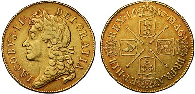 James II 1687 gold Two Guineas. James II (1685-88), gold Two Guineas, 1687, laureate head left 