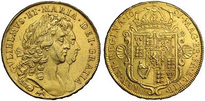 William and Mary 1691 gold Five Guineas, Elephant and Castle, TERTIO edge. William and Mary 