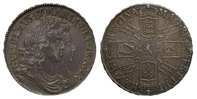 AU50 | William and Mary 1691 silver Crown, I over E in obv. legend. William and Mary (1688-94) 