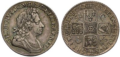 George I 1723 SSC silver Shilling, French arms at date. George I (1714-27), silver Shilling 