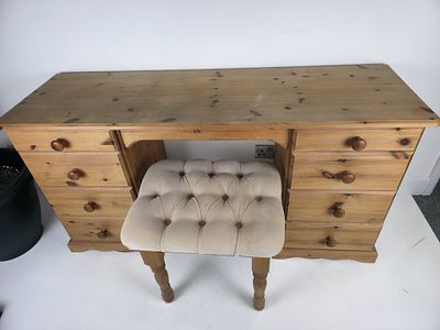 A Pine Twin Pedestal Kneehole Dressing Table and Matching Stool. A pair of items consisting of a 