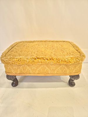 A Cabriole Leg Footstool with Golden Damask Upholstery. A single antique or vintage footstool 